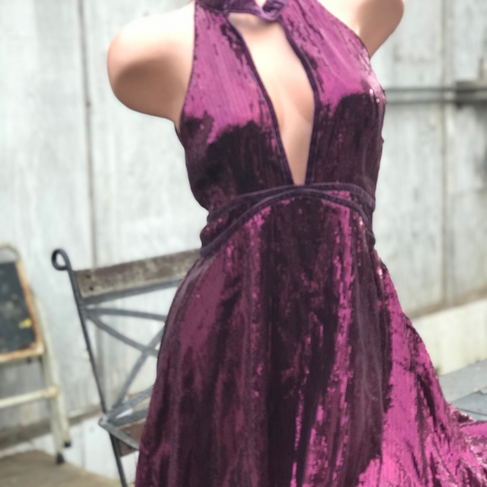 Free people Purple sequin burgundy choker mini dress holiday glam babydoll - Picture 3 of 7